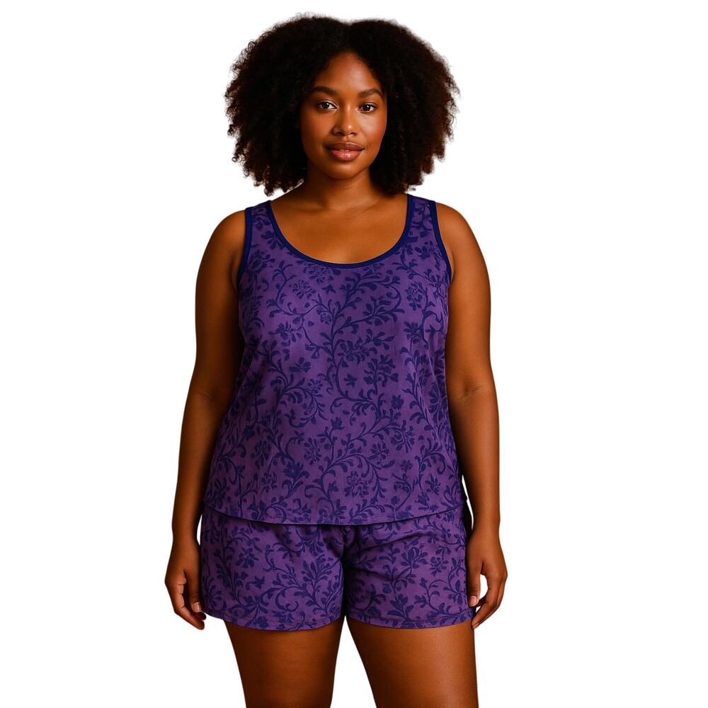 Cacique Sheer Purple Floral Pajama Set 18/20 Mesh Tank & Shorts Sleepwear